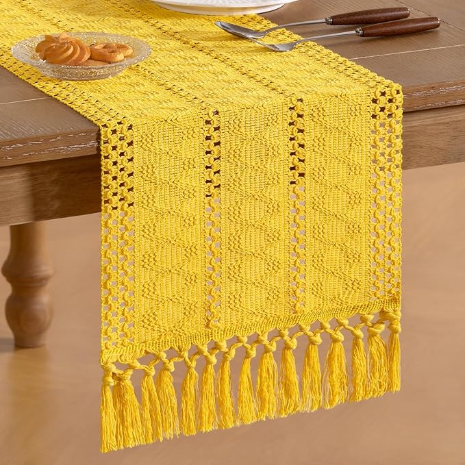 Socomi Boho Table Runner Summer Farmhouse Rustic Dining Kitchen Centerpiece Decor Small Macrame Woven Cotton Linen Coffee Table Runner for Dresser Scarf Home Decor 12x60 in Yellow Gold