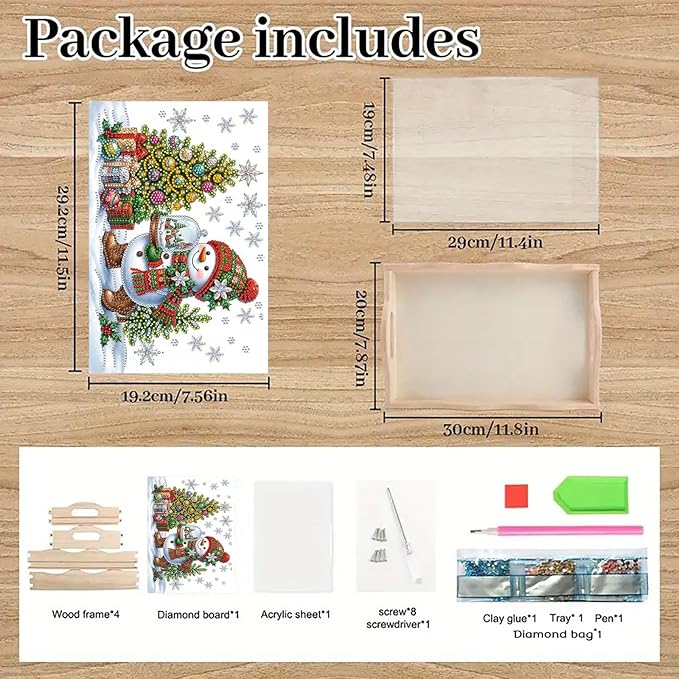 DIY Diamond Art Painting Serving Tray Creative Design Handmade Wooden Rectangular Snack Tray Dinner Plate Drill Craft for Coffee Living Room Home Organizer-Snowman