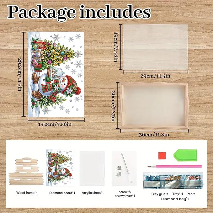 DIY Diamond Serving Tray with Handle Handmade Gem Painting Wooden Rectangular Breakfast Tray for Dinner Plate Coffee Room Living Home Organizer-Snowman