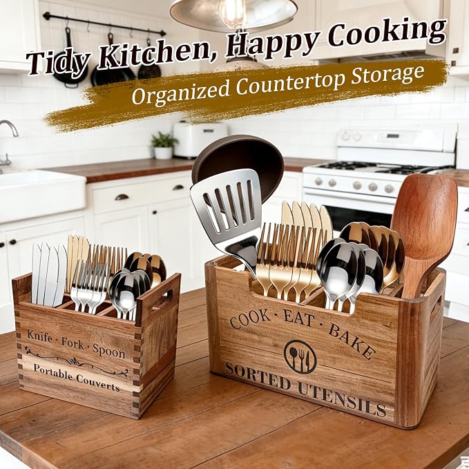 2-in-1 Acacia Wood Kitchen Utensil Holder, Large Farmhouse Countertop Storage with Removable Silverware Caddy, Rustic Wooden Cooking Container for Counter, Island & Dining Room