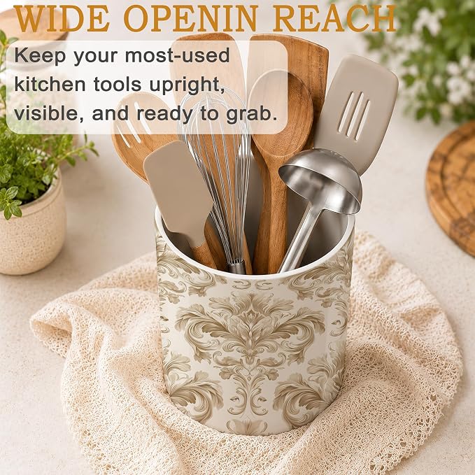 Ceramic Kitchen Utensil Holder for Countertop,Gold Damask Flower Vintage Large Utensil Crock for Kitchen Counter,Cooking Utensil Organizer for Spatulas,Spoons