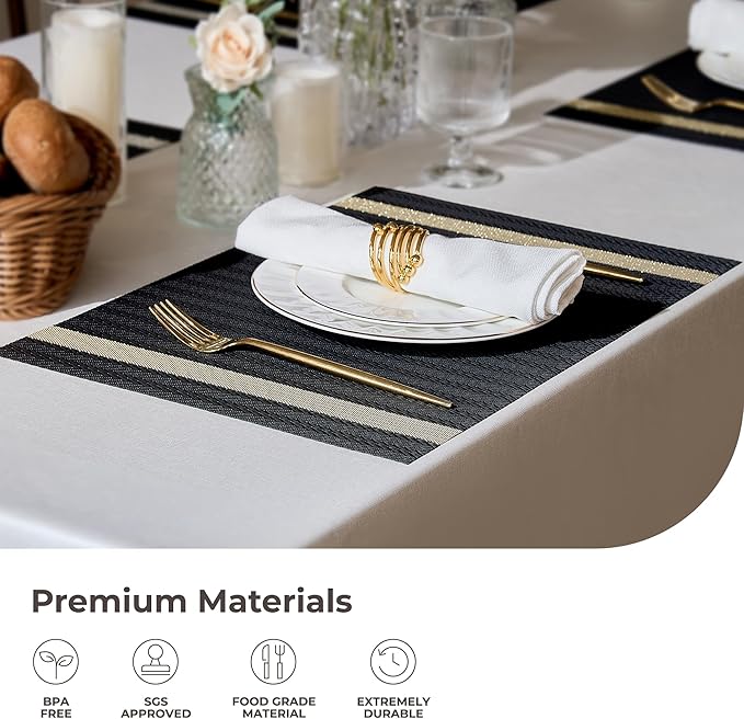 Leetaltree Black Vinyl Woven Placemats Set of 4 - Washable Dining Table Place Mats Striped, Suitable for Wedding, Anniversary, Daily Use