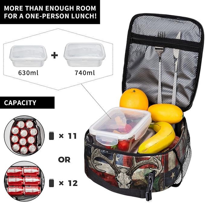 Gianlaima Camo Camouflage American Flag Skull Deer Insulated Lunch Box For Women Man, Portable Lunch Bag Reusable Cooler Tote For Office Work Travel Picnic Camping Beach