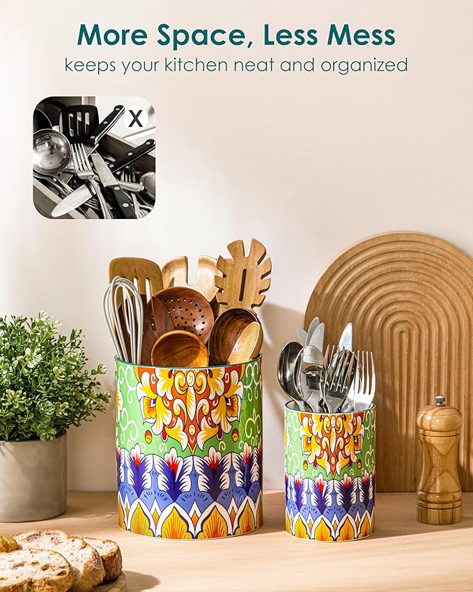 vancasso SIMI Utensil Holder, 7.3"+5.5" Porcelain Kitchen Utensil Holder for Countertop, Bohemian Kitchen Utensil Organizer for Spatulas, Spoons, Ladles, Decorative Counter Utensil Crock, Golden Bloom
