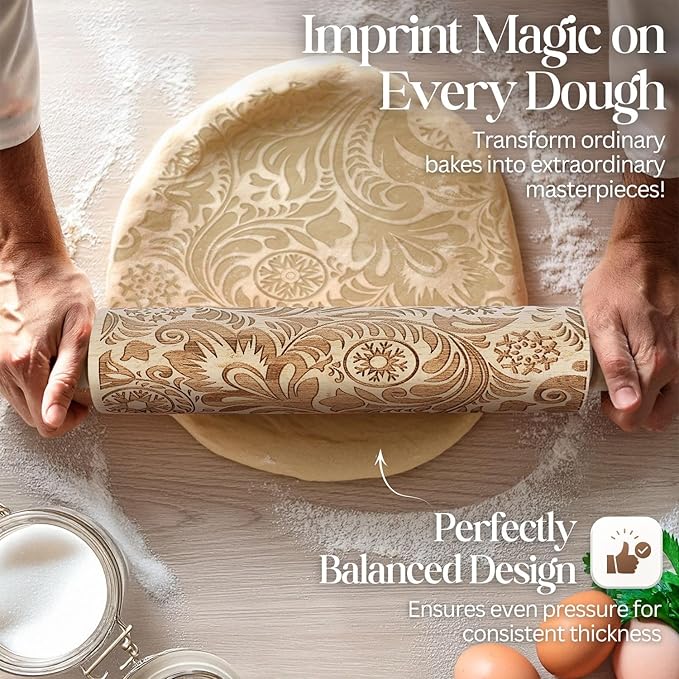 Flexzion Embossed Rolling Pins with Patterns for Baking, 7.7-inch Engraved Wooden Rolling Pin with Snowflake Flower Pattern Rolling Pin for Baking Pastry Pizza Dough Fondant Cookie Pie Crust Pasta