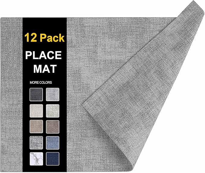 homing Faux Leather Heat Resistant Placemats 12 Packs, Waterproof Wipeable Dining PU Place Mats for Indoor & Outdoor, Easy to Clean, Light Grey