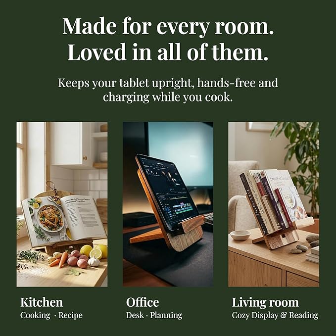 Wooden Cookbook Stand for Kitchen Counter - Reversible Recipe Book Holder with Cooking Measurement Conversion Card - Gift-Ready Adjustable Tablet Cookbook Holder Stand - 11"x8.2"