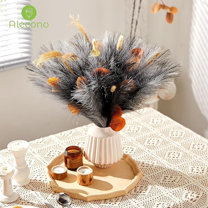 Alecono Pampas Grass 17.7in 𝟯𝟬𝙋𝙘𝙨 , Black Pampas Grass Decor for Home Decoration, Faux Pampas Grass Wall Decor for Wedding Centerpieces Party Decorations (Black, Grey)