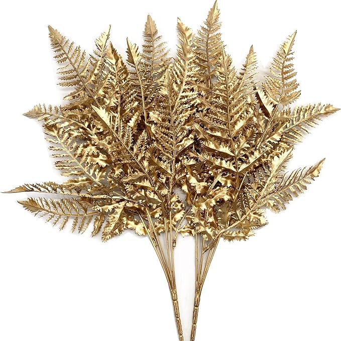 CATTREE Christmas Artificial Plants Decoration, Plastic Golden Shrubs Plant Simulation Boston Leaves Fake Fern Grass for Wedding Party Indoor DIY Home Office Table Centerpieces Decor - Gold 2 Pack