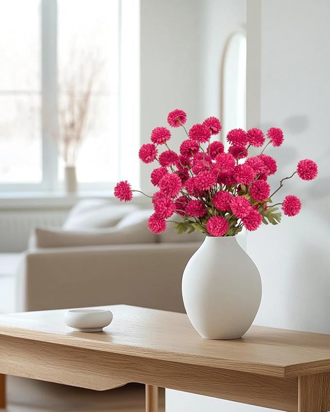 DuHouse 6pcs Artificial Flowers Faux Silk Pompon Mum,Silk Small Mini Chrysanthemum Ball with Stems for DIY Wedding Bouquets Centerpieces Vase Home Table Kitchen Decorations(Hot Pink)