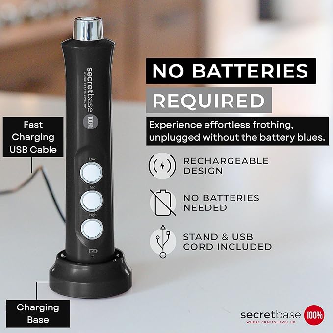 Secretbase Handheld Rechargeable Milk Frother - 3 Speed, USB-C Charging - Stainless Steel Double Whisk for Bulletproof Coffee, Espresso Whipper, Mini Electric Stirrer (Black Frother without Pitcher)