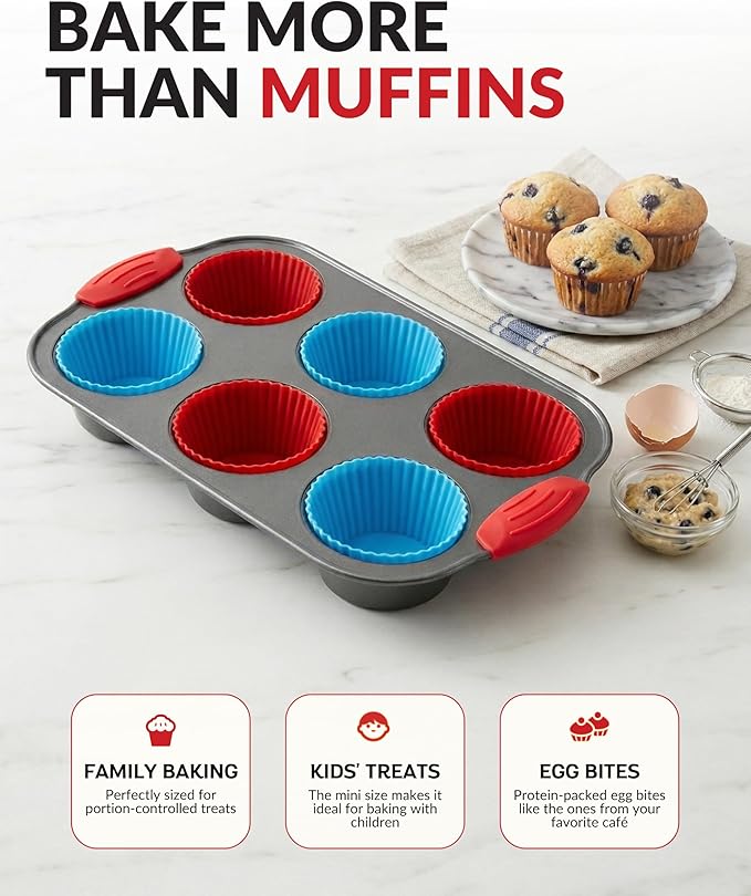 Boxiki Kitchen Non-Stick Steel 6 Cup Muffin Pan with Silicone Handles and Reusable Liners - Perfect for Baking Large Muffins and Cupcakes