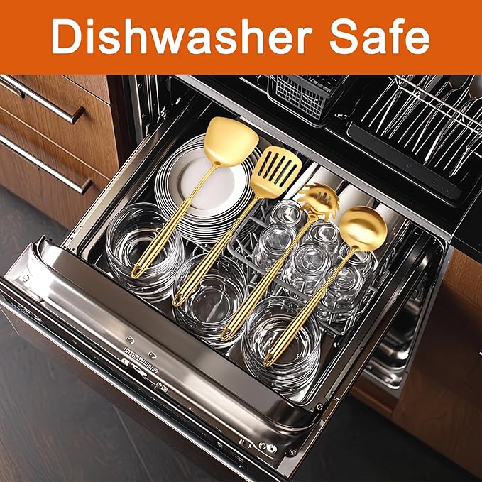 304 Gold Cooking Utensils Set, 11PCS Stainless Steel Kitchen Utensils Set, Metal Kitchen Utensils Set Include Meat Fork, Tongs, Turner, Soup Ladle, Dishwasher Safe
