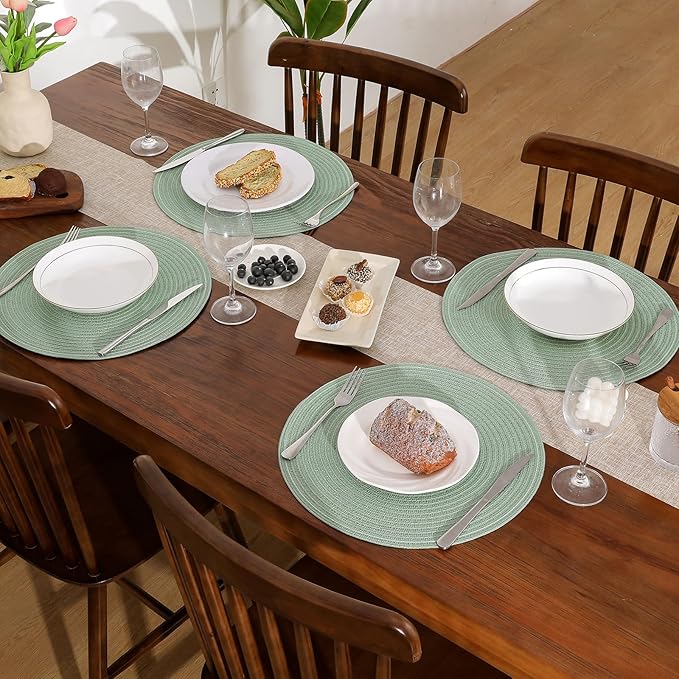 SHACOS Round Placemats Set of 8 Washable 15 inch Round Table Mats Cotton Polyester Woven Braided Place Mats for Dining Table Wedding Party Decor, Sage Green
