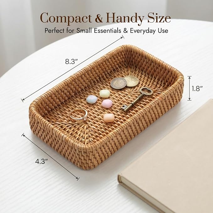 8.3" x 4.3" Small Natural Rattan Storage Tray, Decorative Handwoven Wicker Organizer Keys Tray Catchall, Shallow Rectangular Tray for Snack, Accessories Bathroom & Vanity, Entryway (XS)