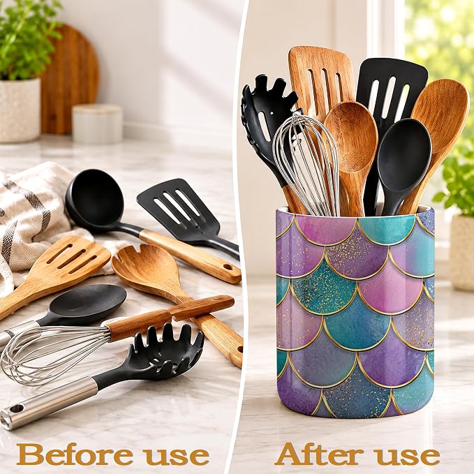 Mermaid Fish Utensil Holder for Countertop,Pink Scales Marble Ceramic Utensil Crock Organizer for Home Kitchen Spoons,Spatulas and Cooking Tools