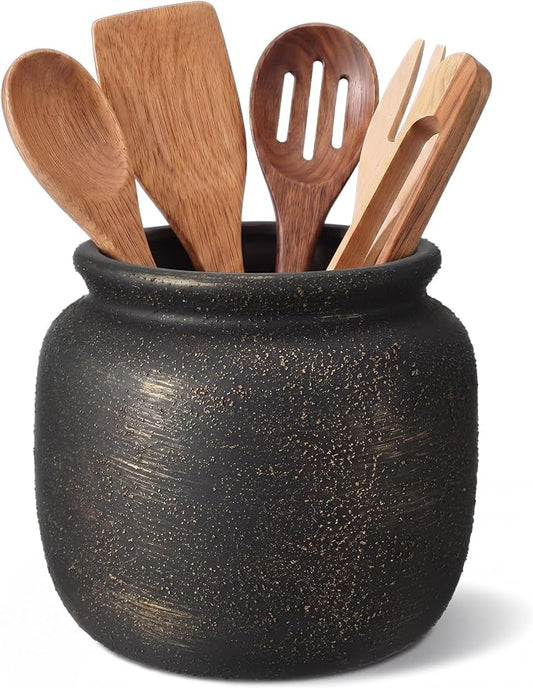 Qinyoung Rustic Kitchen Utensil Holder 6 Inch Small Ceramic Utensil Holder with Handle Vintage Crock Decoration Spatula Organizer for Kitchen Countertop Farmhouse Party Supplies(Black, Textured)