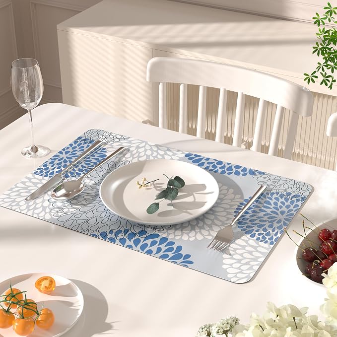 QiyI Placemats Set of 4, 12x18 Inch Faux Leather Place Mats for Kitchen Dinning, Heat Resistant Anti Slip Flower Table Mats, Waterproof Wipeable Washable Placemat Party Table Décor, Blue Floral Burst