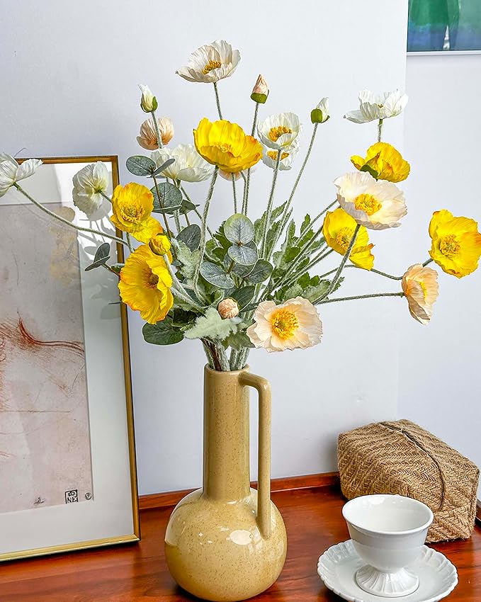 Poppy Artificial Flowers and Eucalyptus Stems, Fake White Yellow Stems for Vase, Silk Flowers Arrangement for Wedding Party Farmhouse Home Office Table Centerpieces Decorations