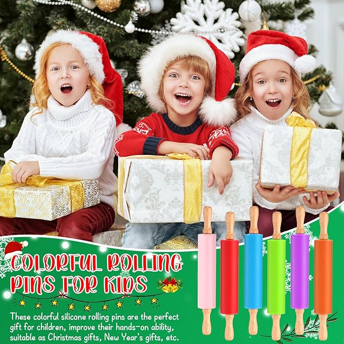 Dandat 12 Pcs Small Rolling Pin Kids 12 Inch Mini Silicone Rolling Pin for Baking Non Stick Kids Dough Roller with Wooden Handle for Kitchen Cookie Pastry Fondant Cake 6 Colors