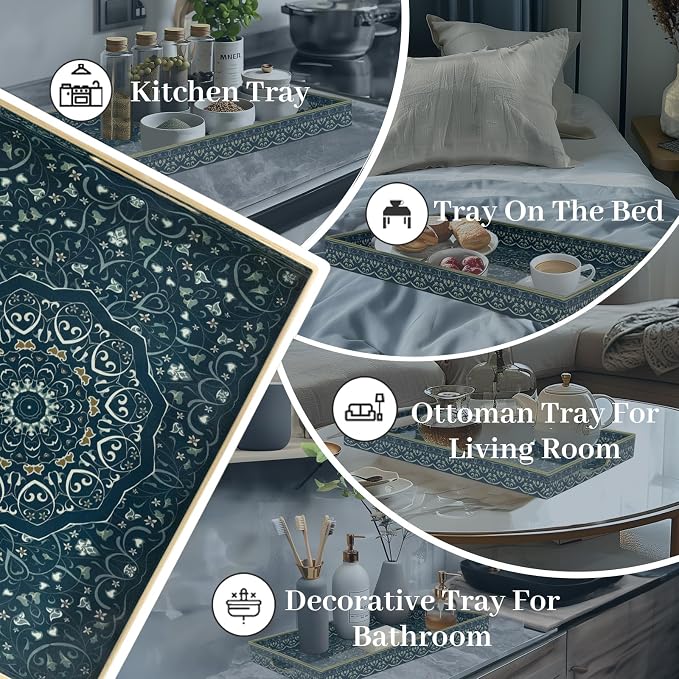 MAONAME Serving Tray with Handles, Plastic Rectangular Tray for Coffee Table, Dark Blue Boho Decorative Trays for Ottoman, Living Room, 15.8" Lx 11.8" W X 1.6" H