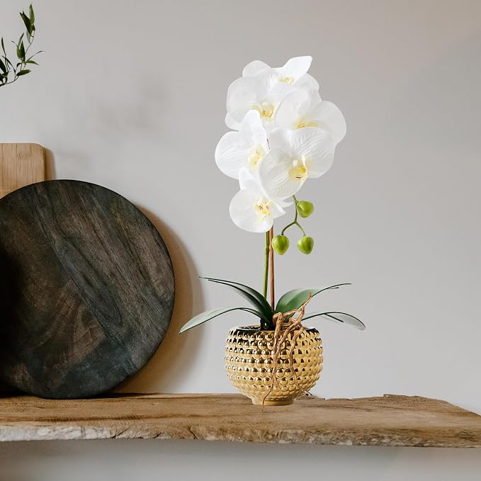 Orchids Artificial Flowers, 15" Faux Orchid in Gold Flower Pot Real Touch Flowers in Pot Large Flower Arrangements Artificial Centerpiece for Home Living Room Bathroom Kitchen Decoration (White)