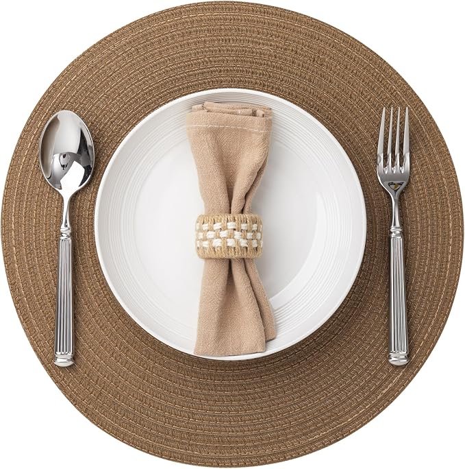 Round Placemats Set of 6 Woven Placemats Washable Braided Table Mats for Dining Table Heat Resistant Non-Slip Circle Place Mats(Brown)