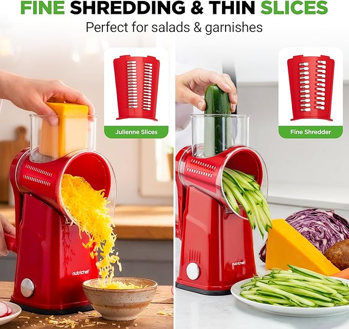 NutriChef 5 in 1 Cheese Grater & Shredder | 5 Different Blades for Thin, Thick, Julienne Strips, Wavy, & Straight Strips | Includes Hand Crank, Strong Suction Base & Storage Container | Red