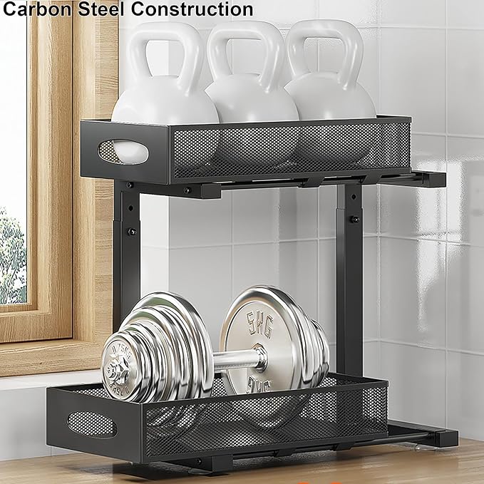 Under Sink Organizer, Pull Out Cabinet Organizer, Black | Rustproof Carbon Steel, 2 Tier Mesh Sliding Drawers, 5-Level Height Adjustable to Bypass Pipes, for Kitchen Bathroom Laundry