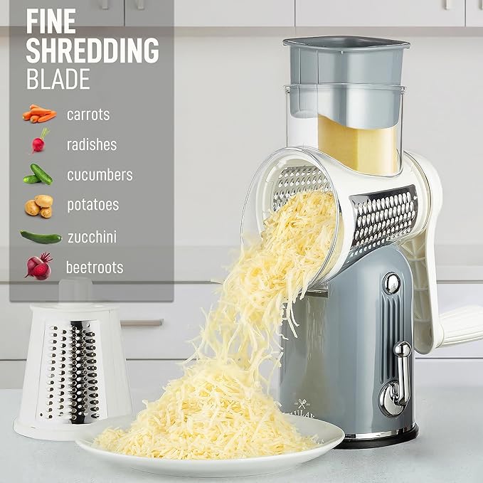 Zulay Kitchen Rotary Cheese Grater 5 Blade Cheese Shredder - Manual Hand Crank Cheese Grater With Reinforced Suction & 5 Interchangeable Drums - Easy to Use, Vegetable Chopper Round Mandoline Slicer