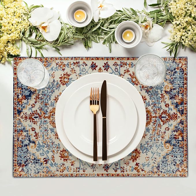 Ethnic Boho Placemats Set of 6 Bohemian Carpet Vintage Orange Grey Floral Linen Washable Kitchen Dining Table Mats Stain Heat-Resistant Desktop Decor Place Mats for Home Party Indoor 12x18 in