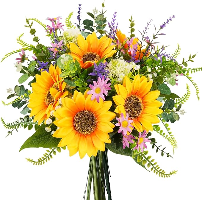 HUAESIN Sunflowers Artificial Flowers Bouquets Spring Flowers Artificia Fake Wildflowers Silk Cemetery Flowers Arrangements for Home Kitchen Office Table Centerpieces Wedding Party Grave Decor