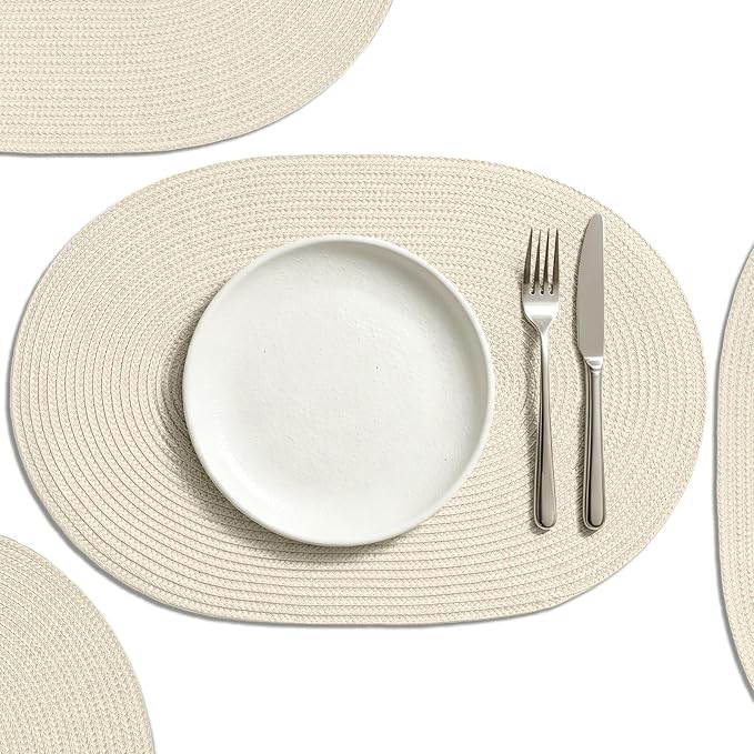 AHHFSMEI Placemats Set of 4 for Dining Table Washable Woven Non-Slip 18x12 inches Placemat Heat-Resistant Durable Table Mats for Dining Table Easy to Clean (Oval Beige, 4)