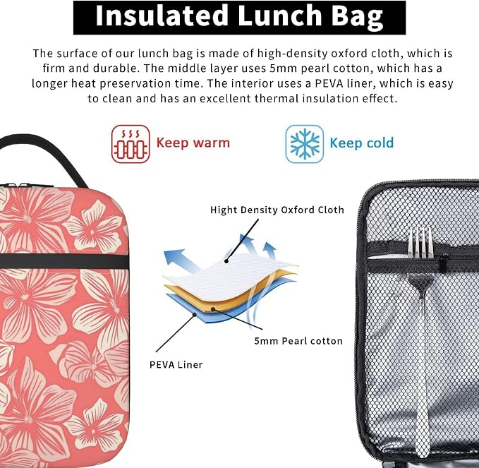 Pink Floral Lunch Box for Adults Women Girls Boys Kids Flower Lunch Box Insulated Cooler Reusable Lunch Bag Container Gifts for Work Office Picnic Travel School