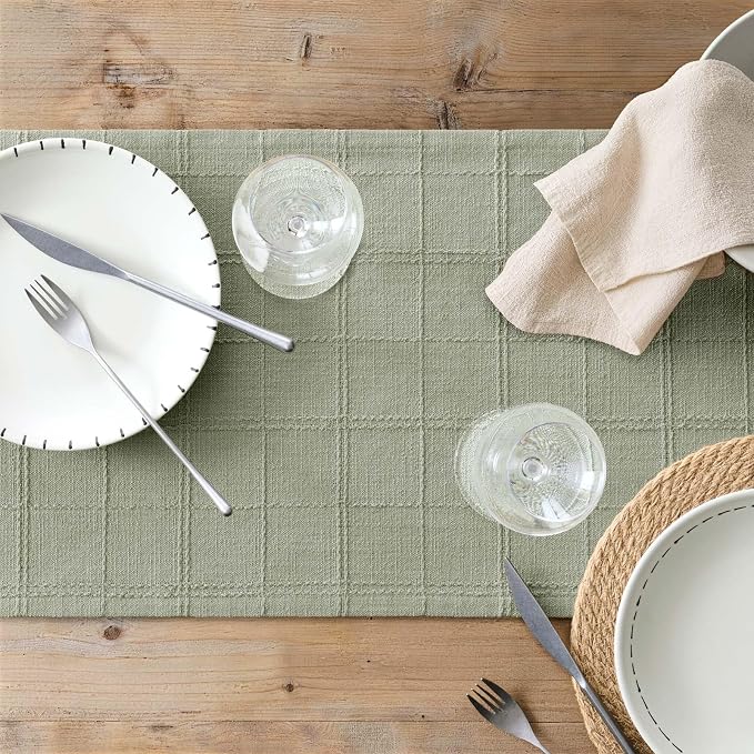 ZeeMart Linen Checked Farmhouse Table Runner, 13x72 Inches Seeding Green | Raised Grid Design, Rich Woven Texture, Linen Blend Table Runners 72 Inches Long, Machine Washable, Boho Home Kitchen Decor