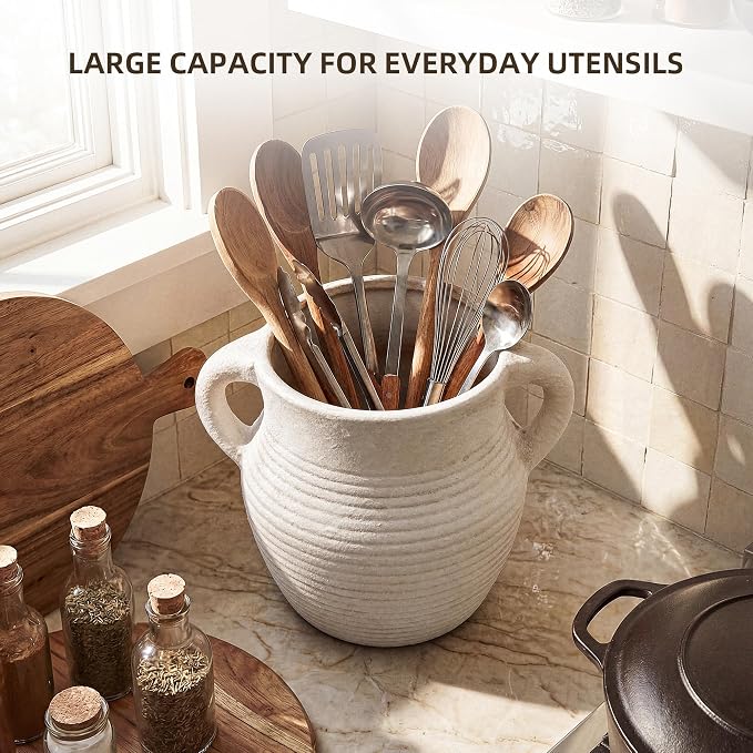 Rustic Utensil Holder for Kitchen Counter - Large Ceramic Farmhouse Cooking Utensil Crock & Organizer for Spatula, Spoon - Vintage Kitchen Decor (Ivory)