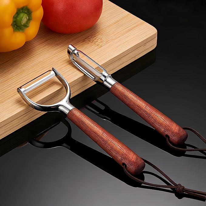 Vegetable Peeler, Premium Y-Shaped and I-Shaped Stainless Steel Potato Peelers Set, Multifunctional Kitchen Peeler Real Wood Handle Ultra Sharp Blade Vegetable Fruit Carrot Apple (2PCS)