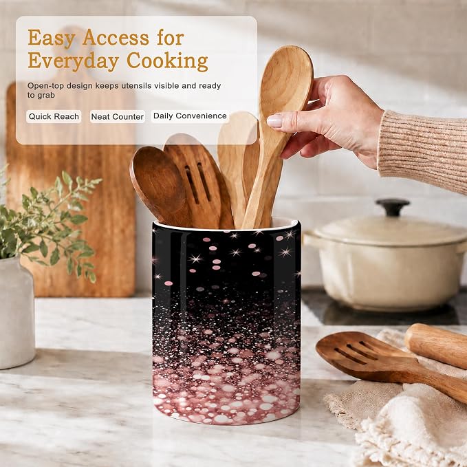 Kitchen Utensil Holder,Rose Gold Glitter Large Ceramic Utensil Crock Organizer for Spatulas,Spoons and Cooking Tools,Kitchen,Home Decoration 6.3"