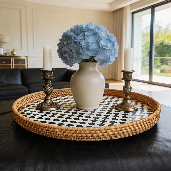 16" Rattan & Mother of Pearl Lazy Susan with Checkerboard Pattern - Round Black & White Rotating Base - Artistic Centerpiece for Charcuterie, Snacks & Coffee Tables