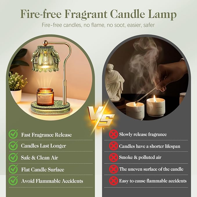 QiMH Candle Warmer Lamp with Timer Dimmer, Modern Wax Warmer for Scented Wax Jar Candle Warmer with 2 Bulbs, Adjustable Height Glass Lamp for Women, House Warming Gifts, Gold Green