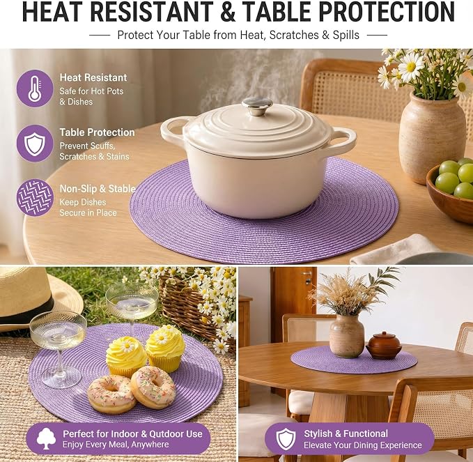 FunWheat Round Braided Placemats Set of 8 Table Mats for Dining Tables Woven Washable Non-Slip Place mats 15 inch(Lavender Purple,8pcs)