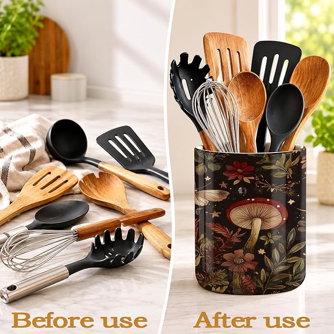 Red Mushroom Utensil Holder for Countertop,Moth Moon Magic Forest Ceramic Utensil Crock Organizer for Home Kitchen Spoons,Spatulas and Cooking Tools