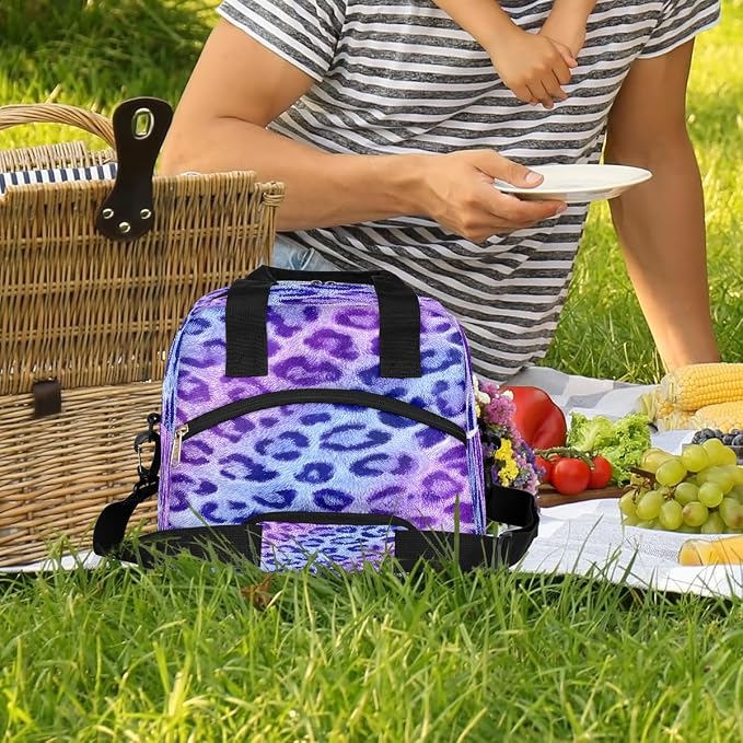 Leopard Purple Insulated Lunch Bags for Women Girls Adult Ethnic Reusable Lunch Tote Therma Cooler Bag with Shoulder Strap Lunch Box for School Work Office Picnic Meal Prep Bag