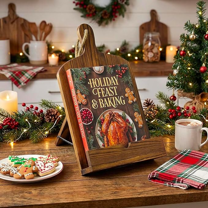 MyGift Cookbook Stand Recipe Book Holder with Brown Wood Cutting Board Design, Cookbook Holder for Countertop Display