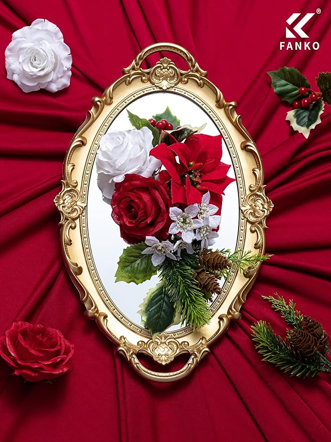 FANKO Artificial Flowers for DIY, Red White Faux Flowers Christmas Style Bouquet, Fake Rose Poinsettias Silk Flowers for Vase, Home Decor, Rustic Wedding, Party, Themed Birthday