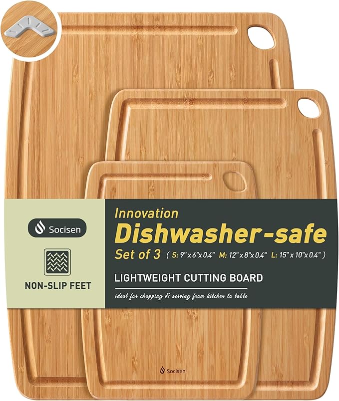 Lightweight Durable Bamboo Cutting Board Set with Non-Slip Feet, Wood Cutting Board for Busy Kitchen, Easy Clean Wooden Chopping Boards with Juice Groove Best House Warming Gift Set of 3 (S+M+L)