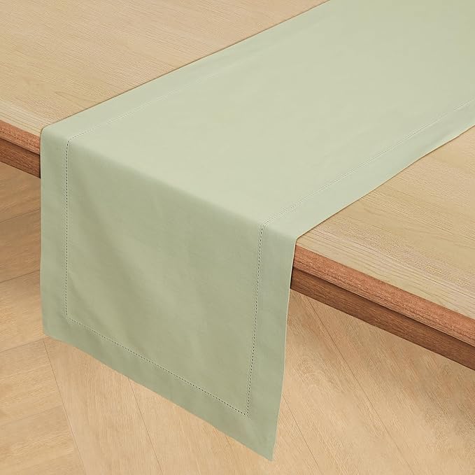Solino Home Sage Hemstitch Table Runner 60 Inches - Cotton Linen Small Table Runner 14 x 60 Inch Ideal for Dresser and Coffee Tables, Spring, Summer