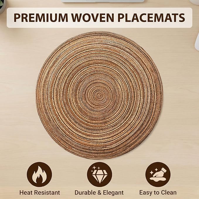 AHHFSMEI Round Braided Placemats Set of 6 Woven Table Mats for Dining Table Heat Resistant Easy to Clean Perfect for Kitchen & Home Decor (Brown)