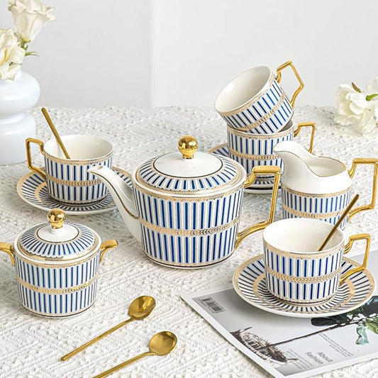 CwlwGO-Bone China Tea Cup Set of 4, Cup and Saucer Sets Service for 4 with 24 Ounces Teapot,Sugar Bowl,Creamer Pitcher,Elegant British Tea Cups for Tea Party,Gifts Box.