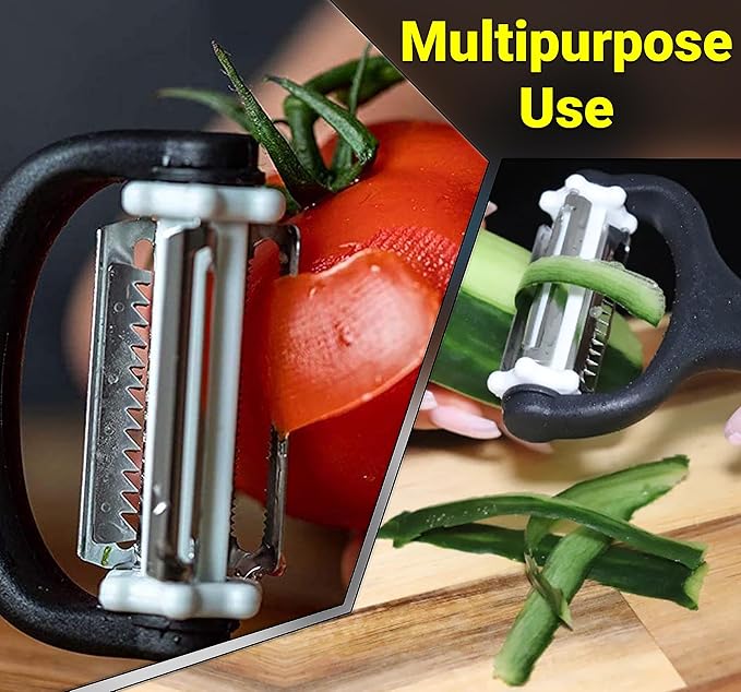 3-in-1 Vegetable Peeler & Julienne Peeler with 360° Rotating Stainless Steel Blades– Multifunction Julienne Cutter, Shredder & Slicer with Soft Handle-Fruits, Potato, Papaya Cucumber & Carrot Peeler